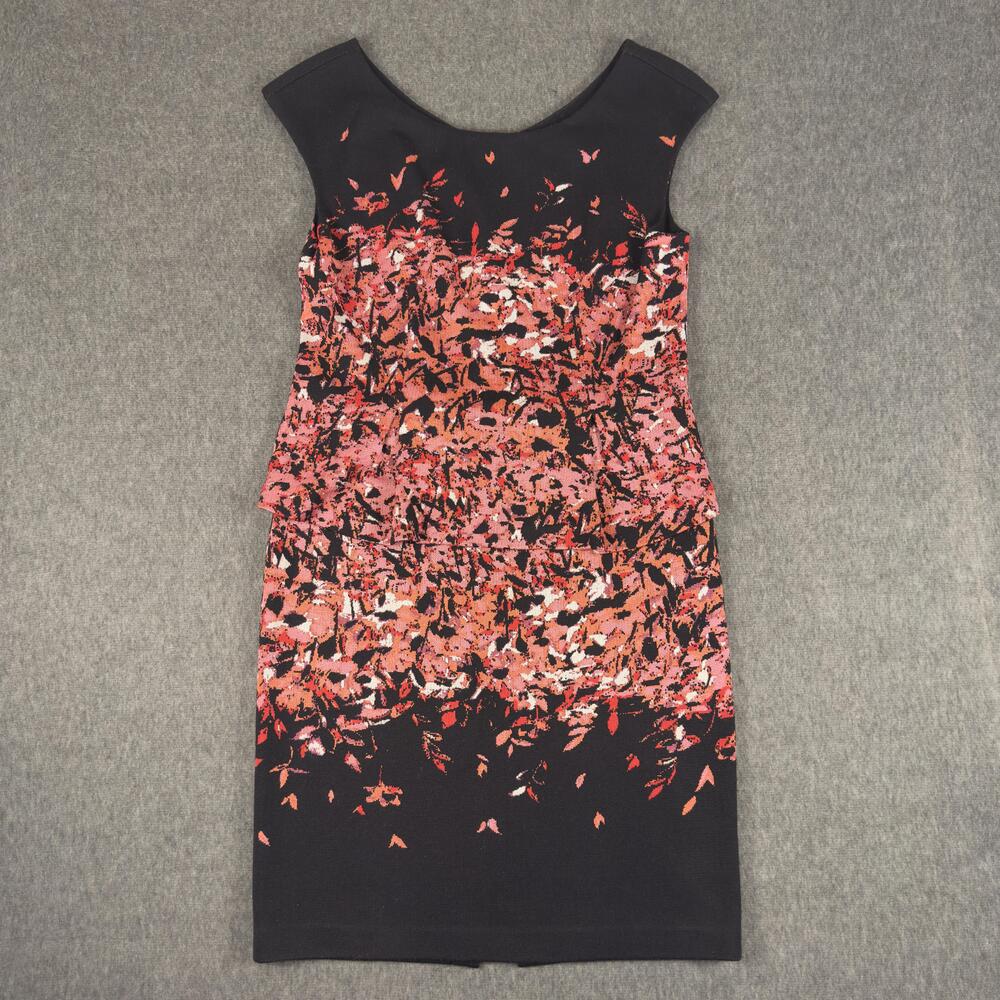 St John Dress Womens 10 Black Floral Knit Peplum Sheath Scoop Neck Knee Length